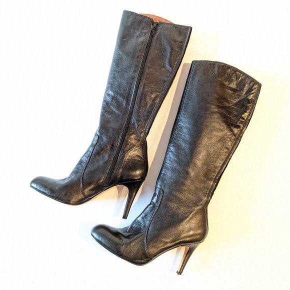 Corso Como Black Tall Leather Stiletto Heel Almond Toe Boots Women's Size 7 - Picture 1 of 15